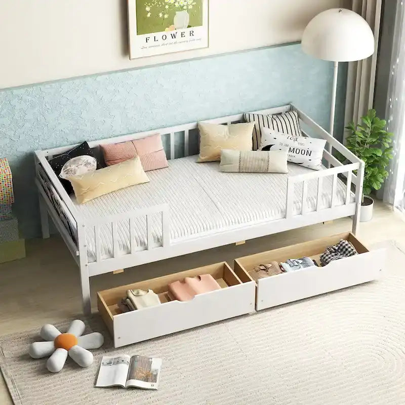 White Kids Daybed with Storage Drawers and Safety Fence Railings