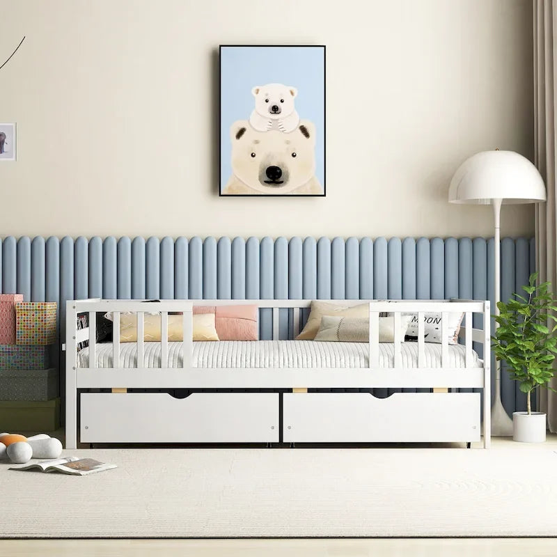 White Kids Daybed with Storage Drawers and Safety Fence Railings