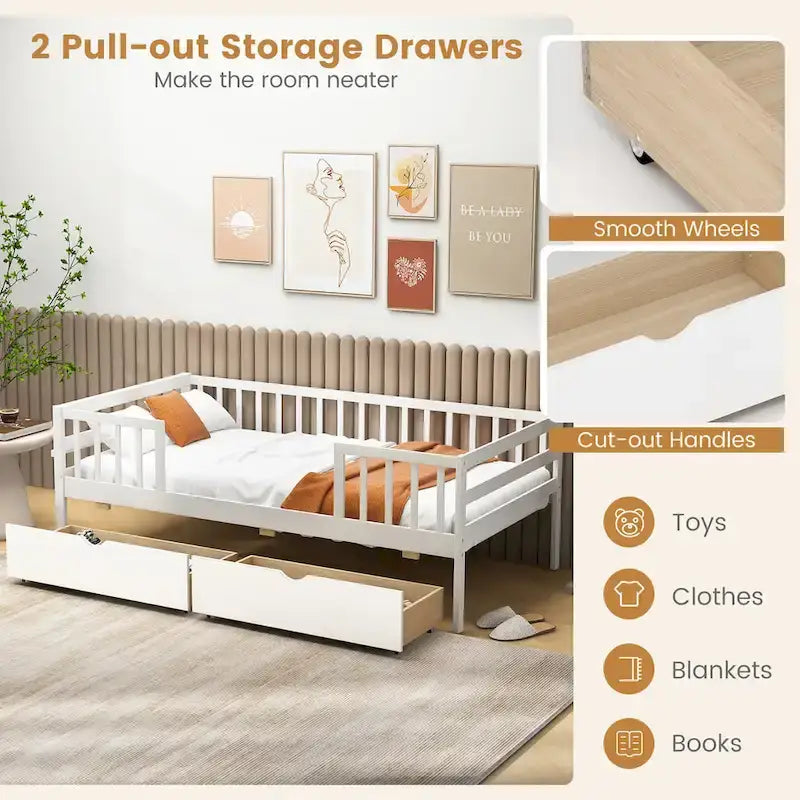 White Kids Daybed with Storage Drawers and Safety Fence Railings