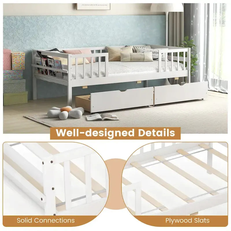 White Kids Daybed with Storage Drawers and Safety Fence Railings