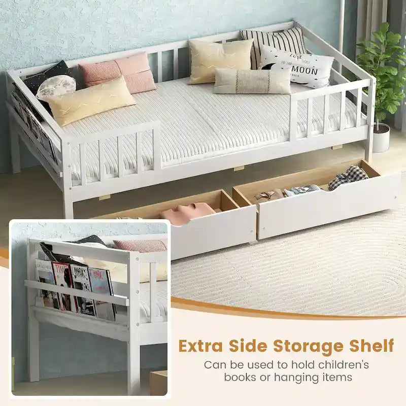 White Kids Daybed with Storage Drawers and Safety Fence Railings