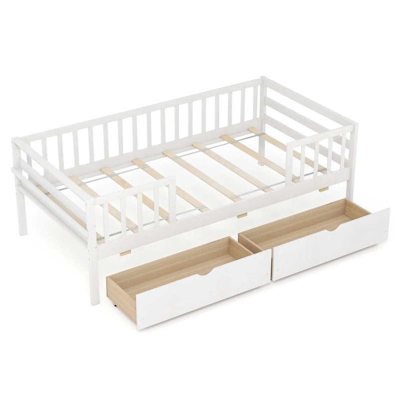 White Kids Daybed with Storage Drawers and Safety Fence Railings