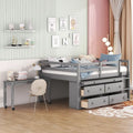 Loft Bed with Retractable Desk, Drawers and Shelves, Grey or White