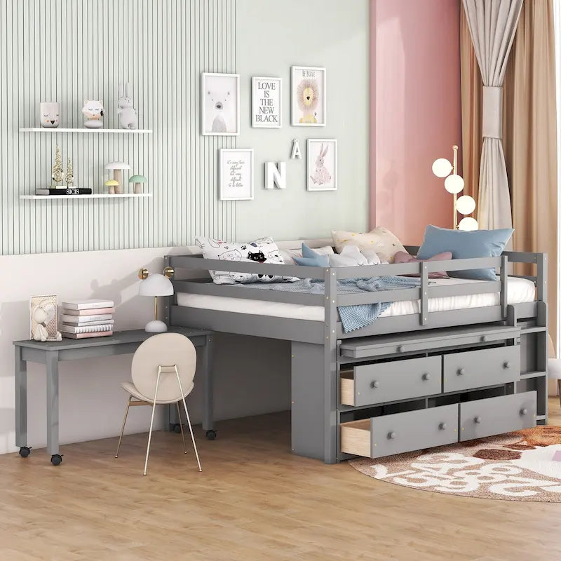 Loft Bed with Retractable Desk, Drawers and Shelves, Grey or White