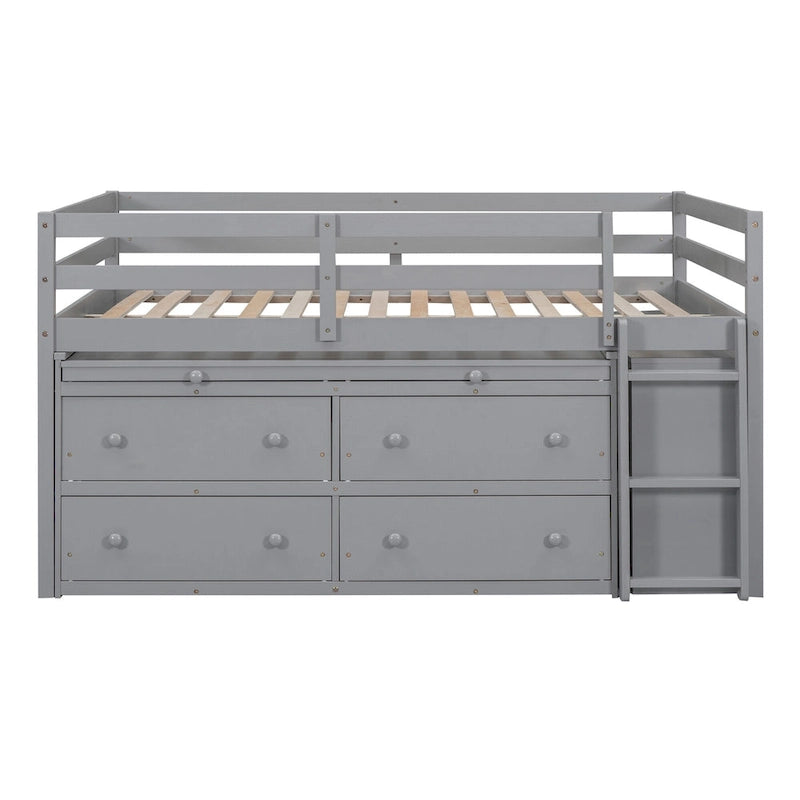 Wooden Loft Bed with Retractable Writing Desk, Lateral Portable Desk, Shelves and Drawers