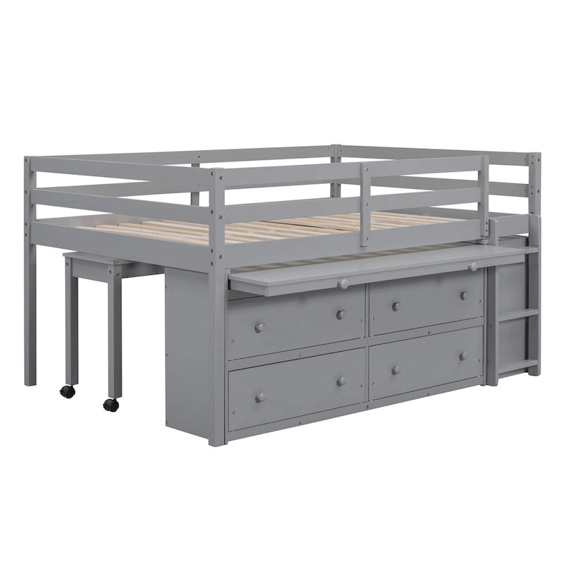 Loft Bed with Retractable Desk, Drawers and Shelves, Grey or White