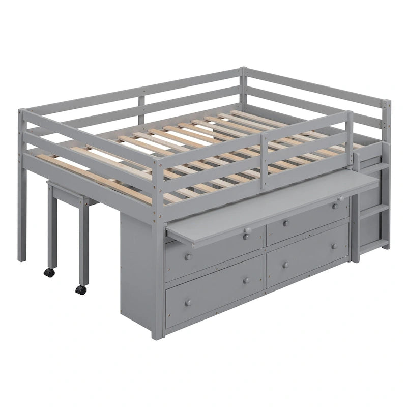 Loft Bed with Retractable Desk, Drawers and Shelves, Grey or White