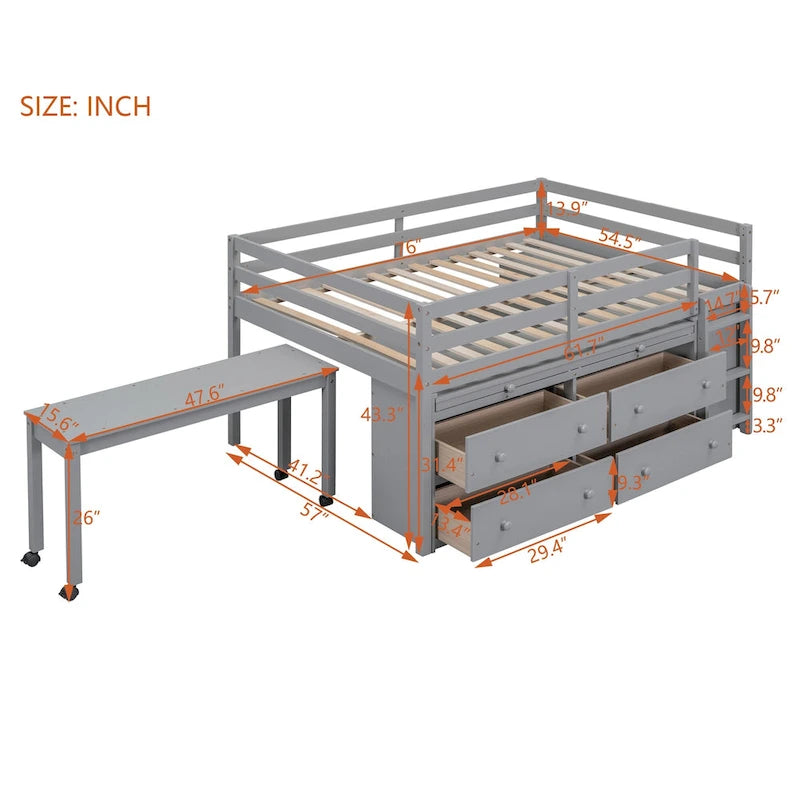 Loft Bed with Retractable Desk, Drawers and Shelves, Grey or White