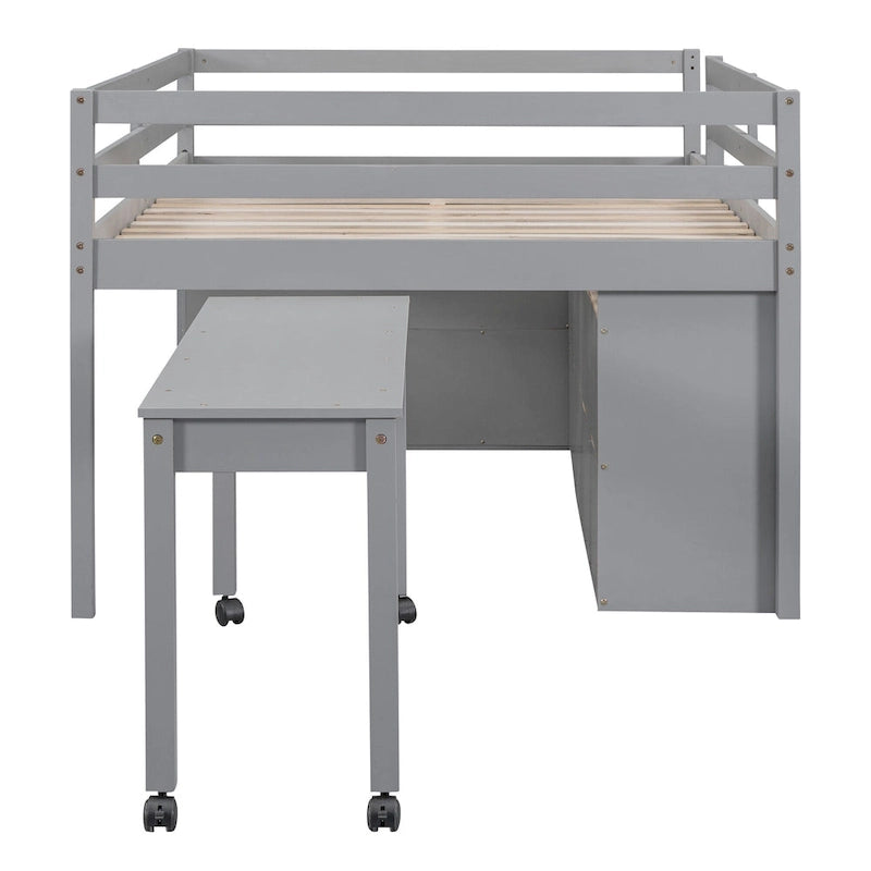 Loft Bed with Retractable Desk, Drawers and Shelves, Grey or White