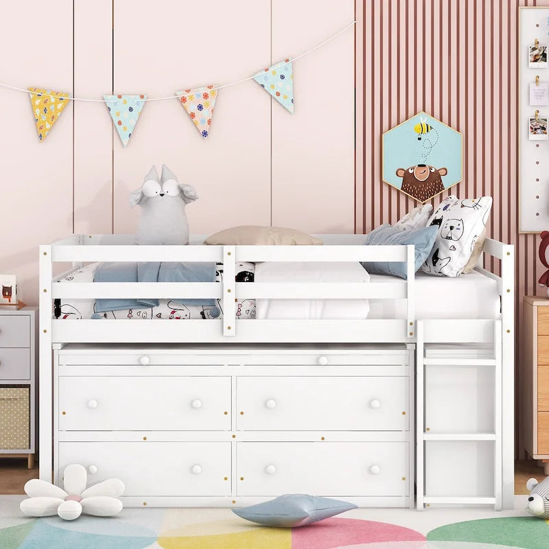 Loft Bed with Retractable Desk, Drawers and Shelves, Grey or White