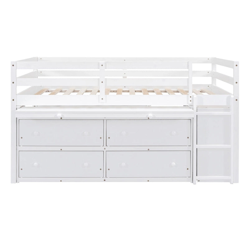 Loft Bed with Retractable Desk, Drawers and Shelves, Grey or White