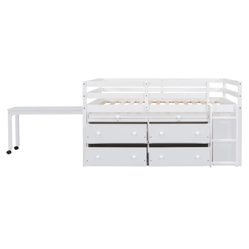 Loft Bed with Retractable Desk, Drawers and Shelves, Grey or White