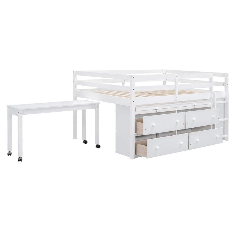 Loft Bed with Retractable Desk, Drawers and Shelves, Grey or White