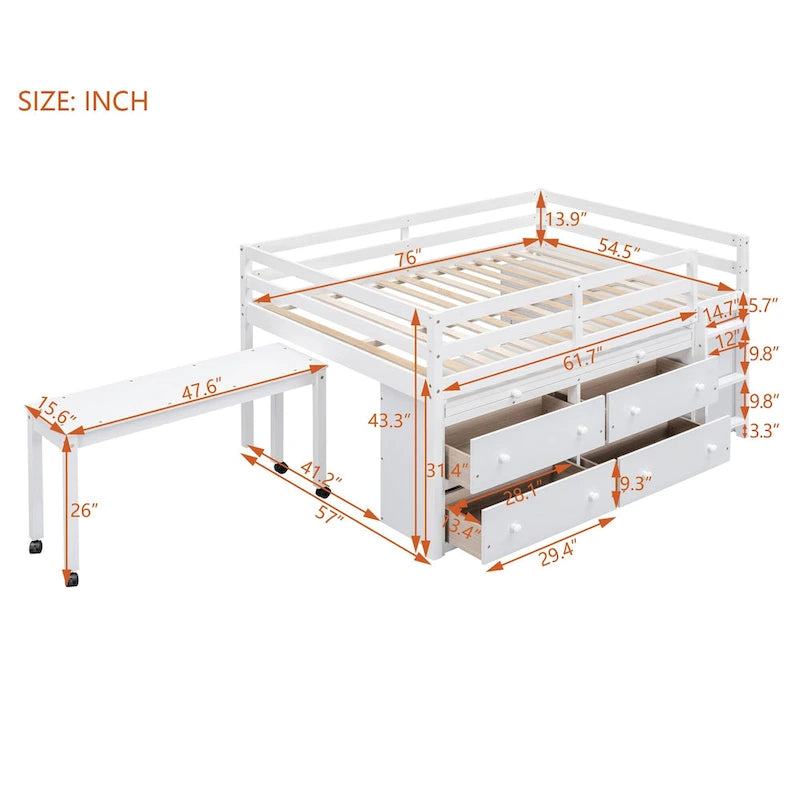 Loft Bed with Retractable Desk, Drawers and Shelves, Grey or White