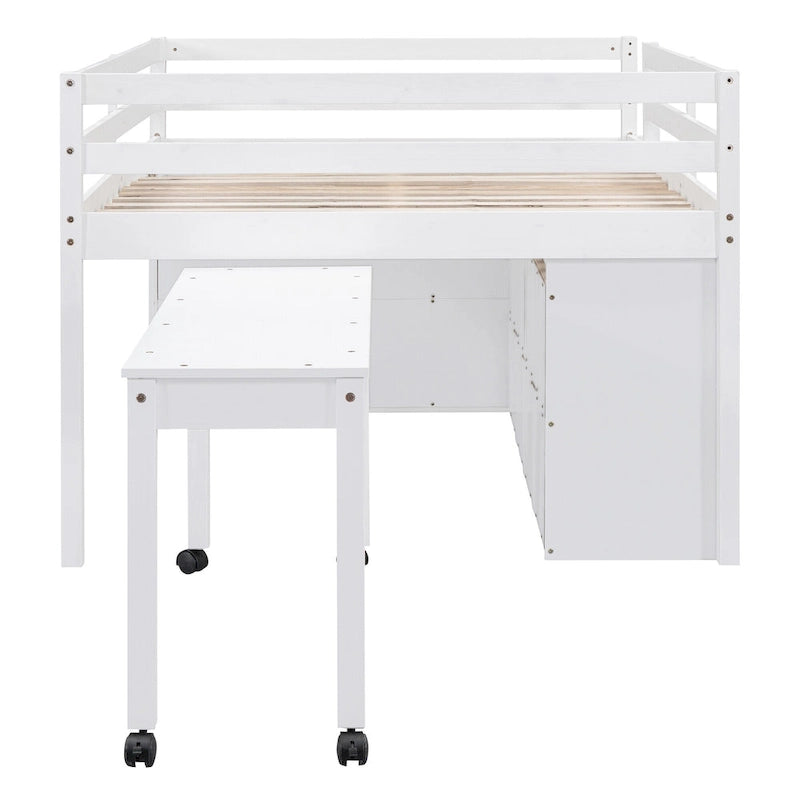 Loft Bed with Retractable Desk, Drawers and Shelves, Grey or White