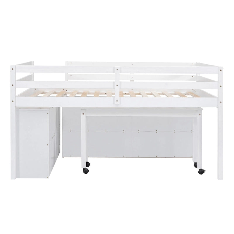 Loft Bed with Retractable Desk, Drawers and Shelves, Grey or White
