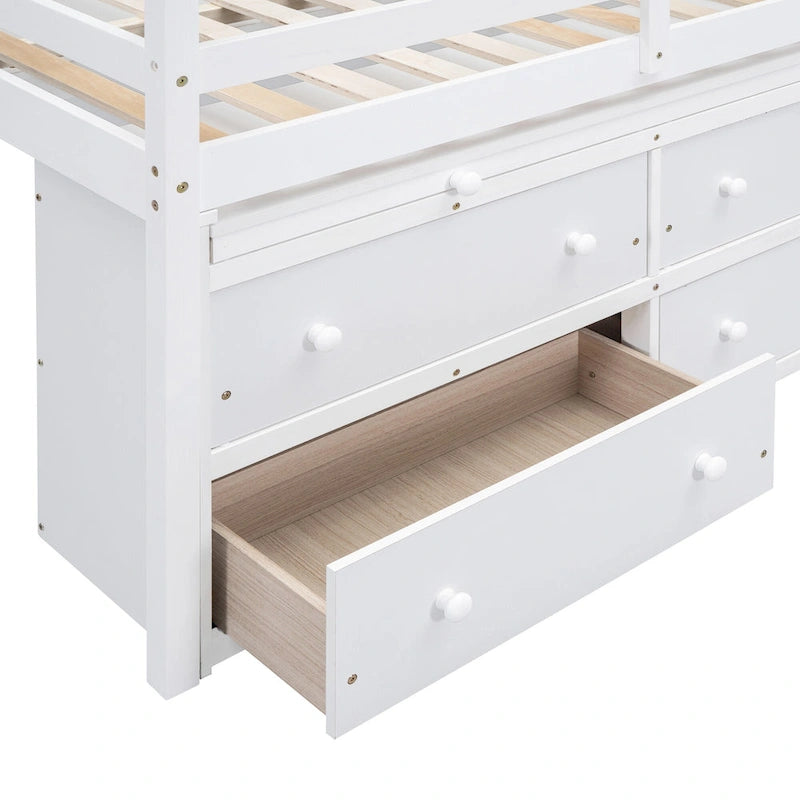 Loft Bed with Retractable Desk, Drawers and Shelves, Grey or White