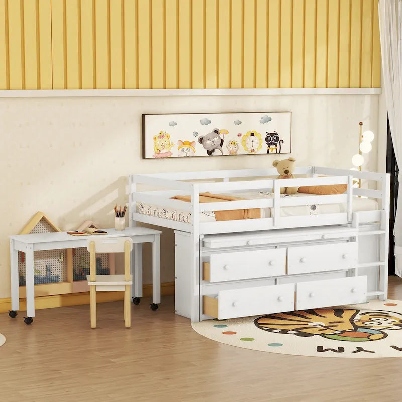 Loft Bed with Retractable Desk, Drawers and Shelves, Grey or White