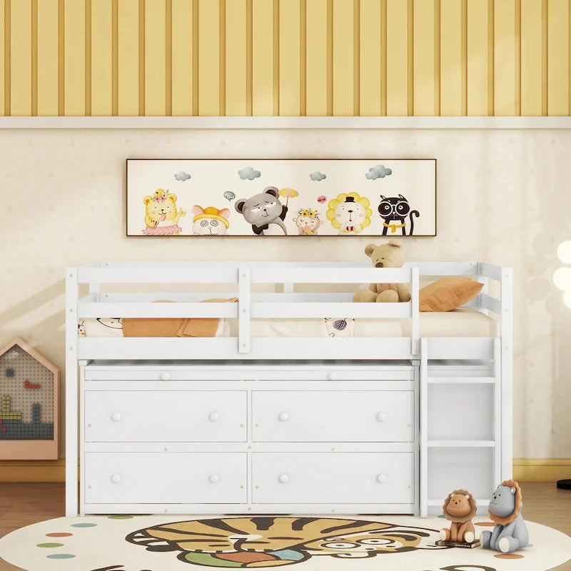 Loft Bed with Retractable Desk, Drawers and Shelves, Grey or White