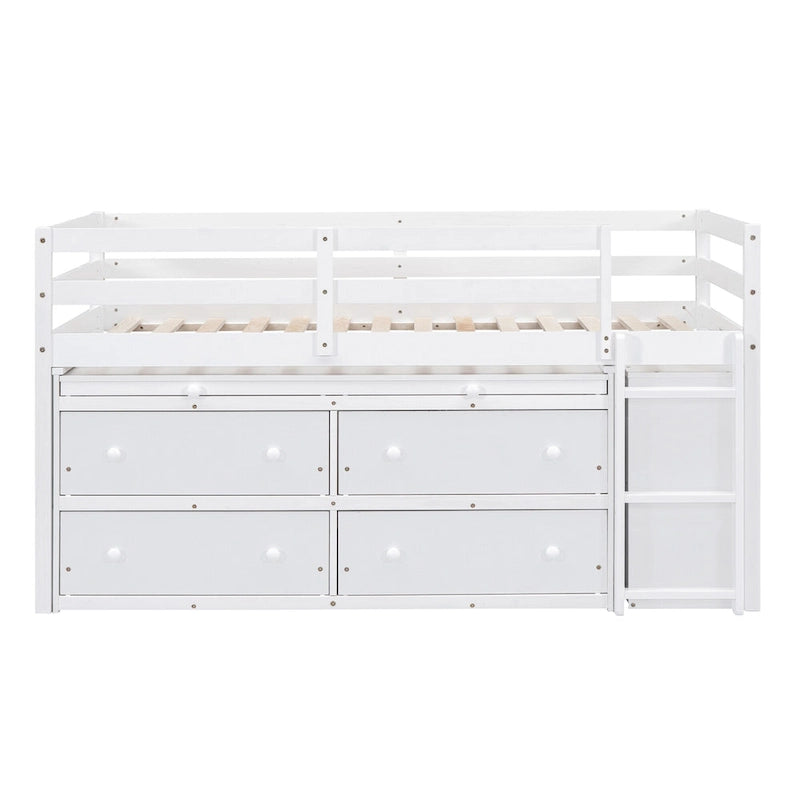 Loft Bed with Retractable Desk, Drawers and Shelves, Grey or White