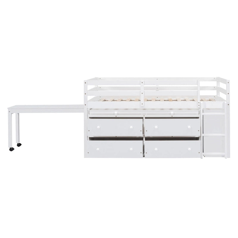 Loft Bed with Retractable Desk, Drawers and Shelves, Grey or White