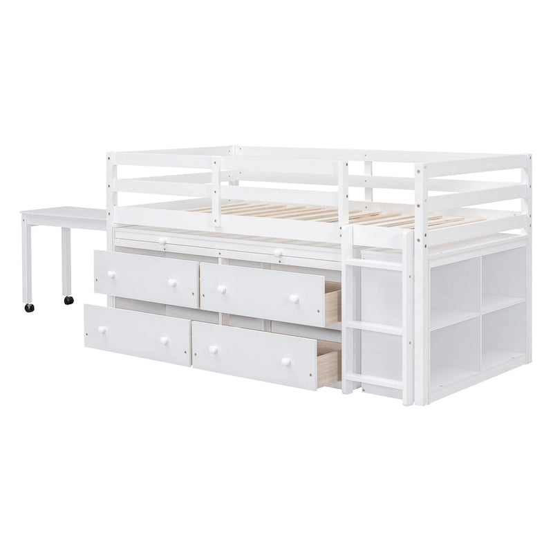 Loft Bed with Retractable Desk, Drawers and Shelves, Grey or White