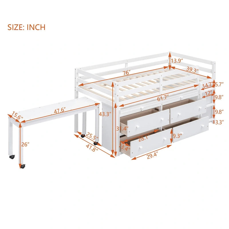 Loft Bed with Retractable Desk, Drawers and Shelves, Grey or White