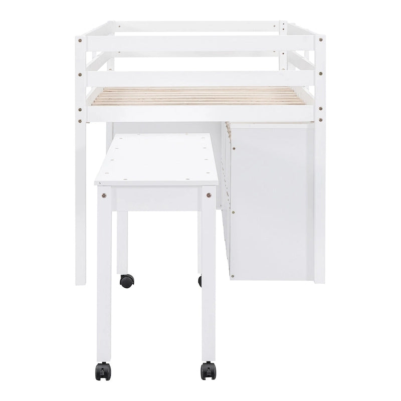Loft Bed with Retractable Desk, Drawers and Shelves, Grey or White