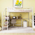White Metal Loft Bed with Built-In Desk and Storage Staircase Ladder