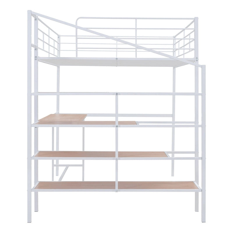 White Metal Loft Bed with Built-In Desk and Storage Staircase Ladder