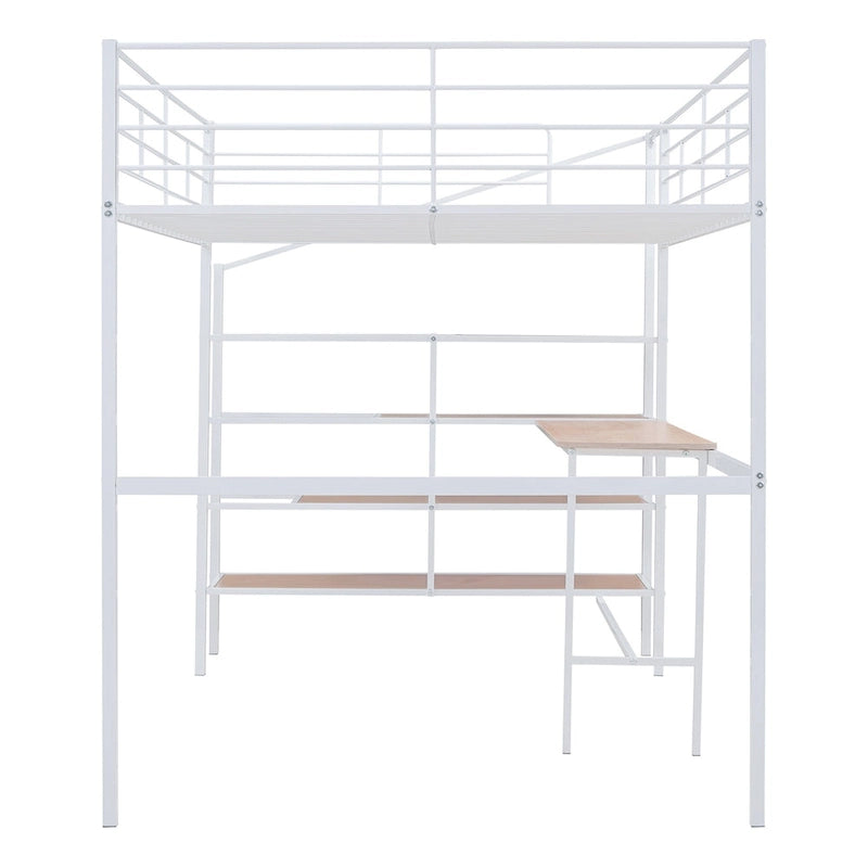 White Metal Loft Bed with Built-In Desk and Storage Staircase Ladder