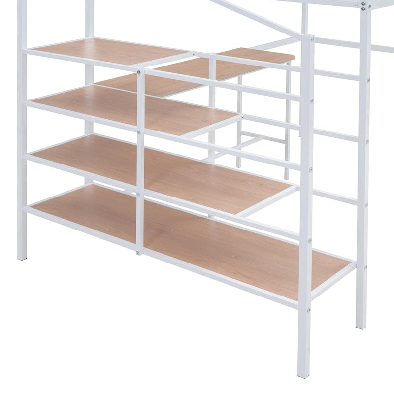 White Metal Loft Bed with Built-In Desk and Storage Staircase Ladder