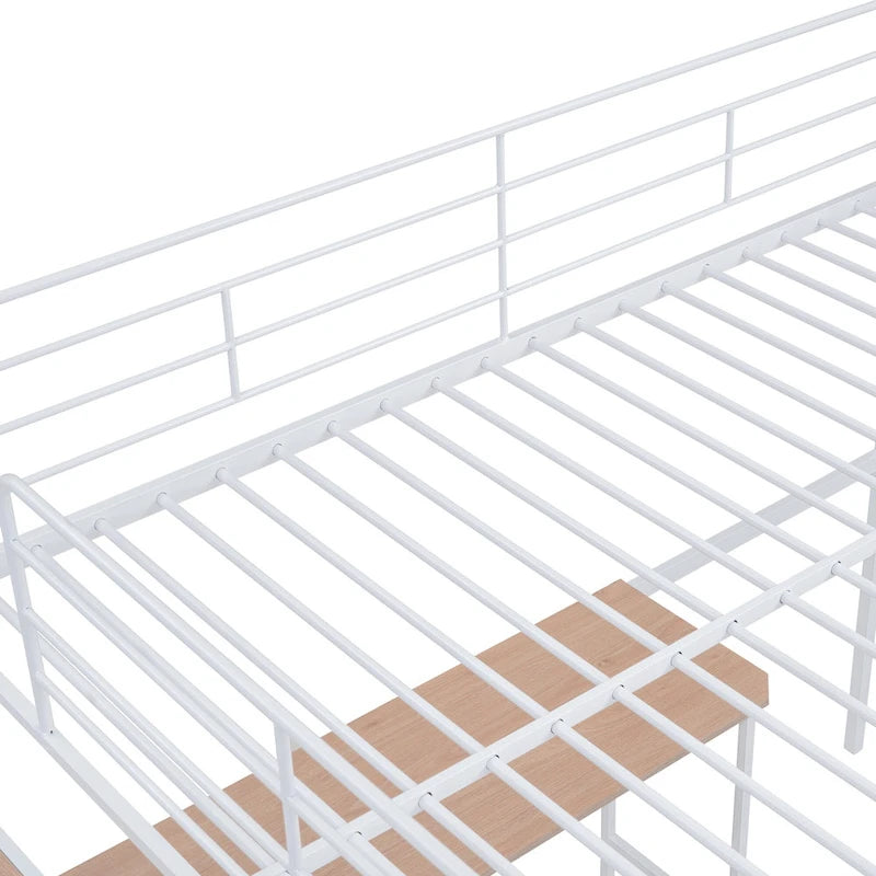 White Metal Loft Bed with Built-In Desk and Storage Staircase Ladder