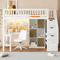 White Pine Wood Loft Bed with Built-in Desk Storage Cabinets and Staircase