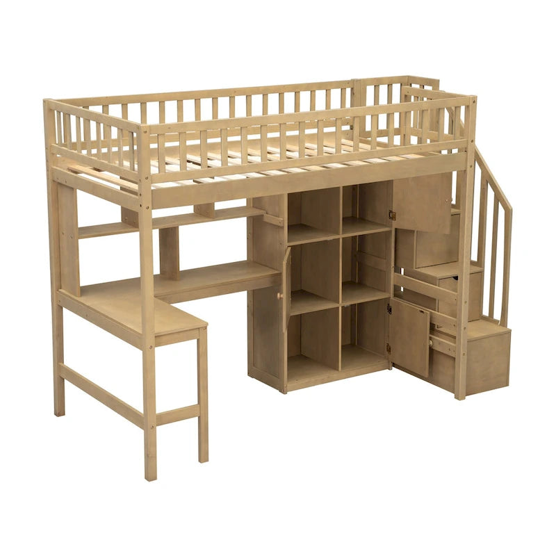 White Pine Wood Loft Bed with Built-in Desk Storage Cabinets and Staircase