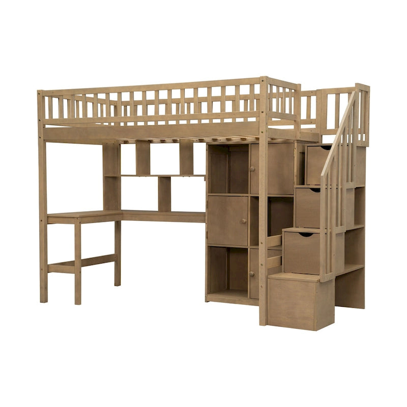 White Pine Wood Loft Bed with Built-in Desk Storage Cabinets and Staircase