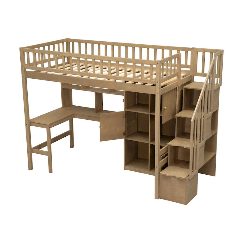 White Pine Wood Loft Bed with Built-in Desk Storage Cabinets and Staircase