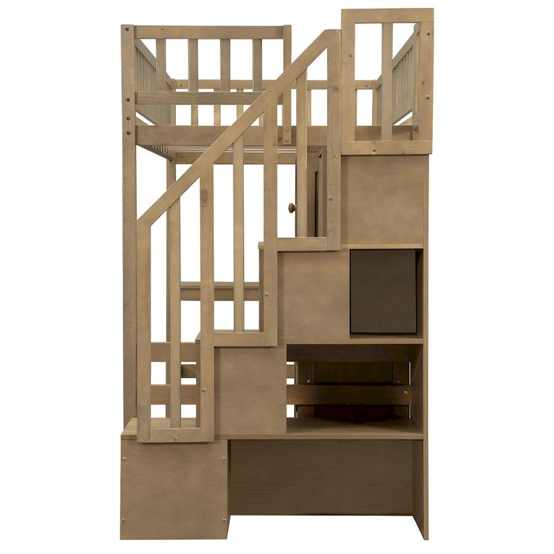 White Pine Wood Loft Bed with Built-in Desk Storage Cabinets and Staircase