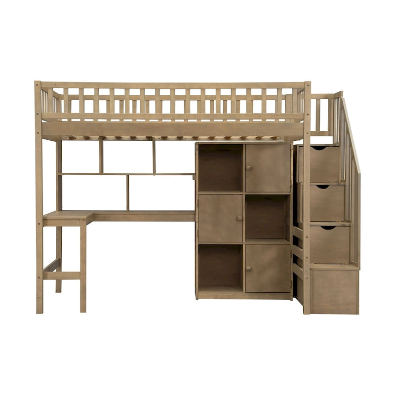 White Pine Wood Loft Bed with Built-in Desk Storage Cabinets and Staircase