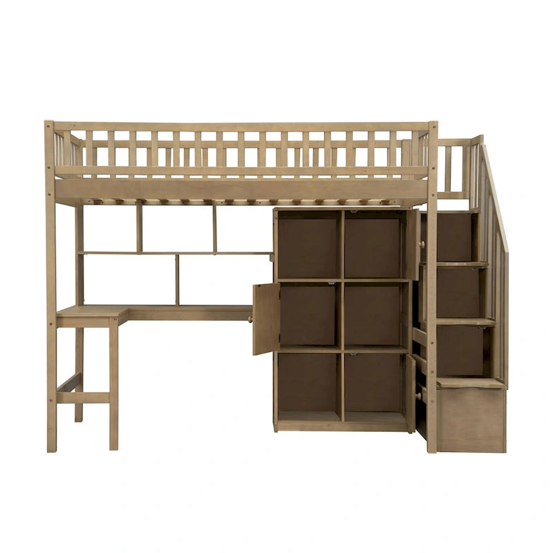 White Pine Wood Loft Bed with Built-in Desk Storage Cabinets and Staircase