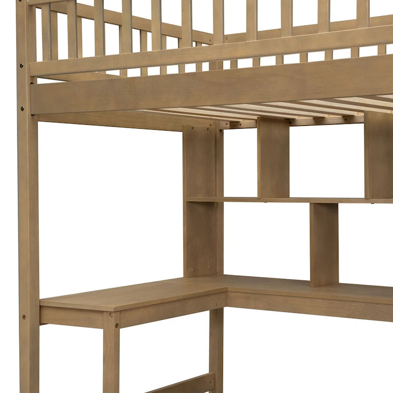 White Pine Wood Loft Bed with Built-in Desk Storage Cabinets and Staircase