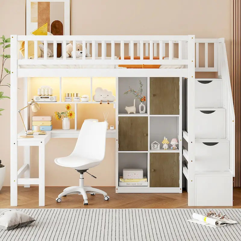 White Pine Wood Loft Bed with Built-in Desk Storage Cabinets and Staircase