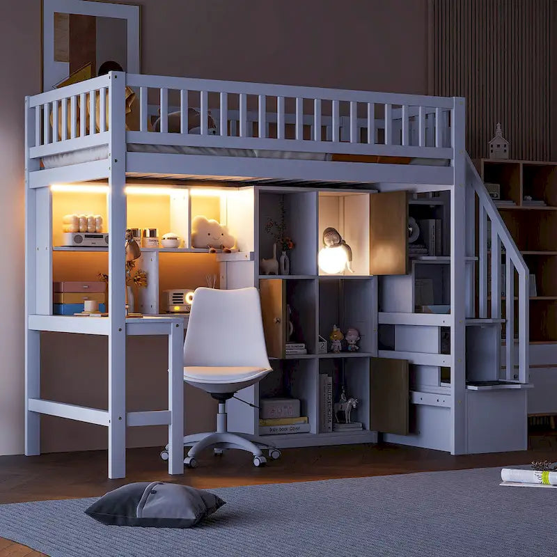 White Pine Wood Loft Bed with Built-in Desk Storage Cabinets and Staircase