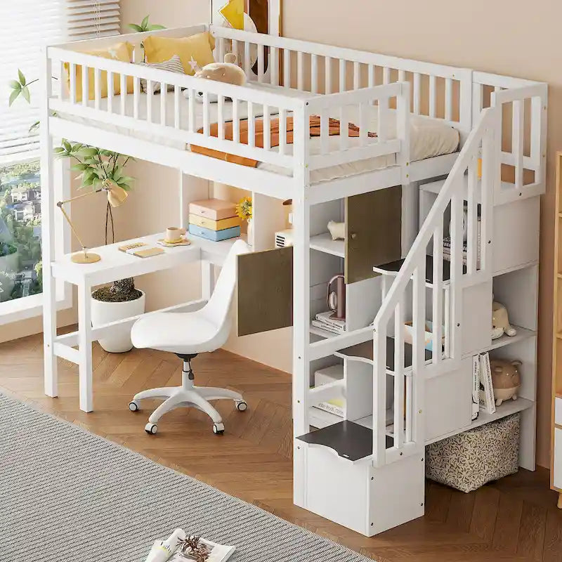 White Pine Wood Loft Bed with Built-in Desk Storage Cabinets and Staircase