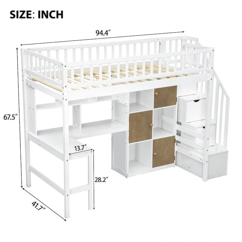 White Pine Wood Loft Bed with Built-in Desk Storage Cabinets and Staircase