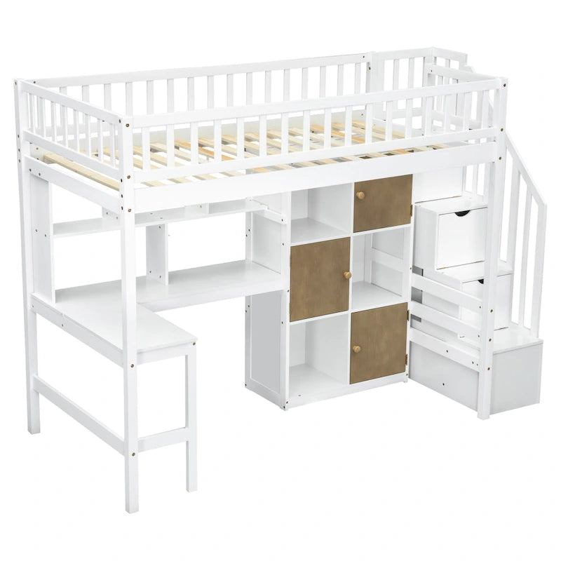 White Pine Wood Loft Bed with Built-in Desk Storage Cabinets and Staircase