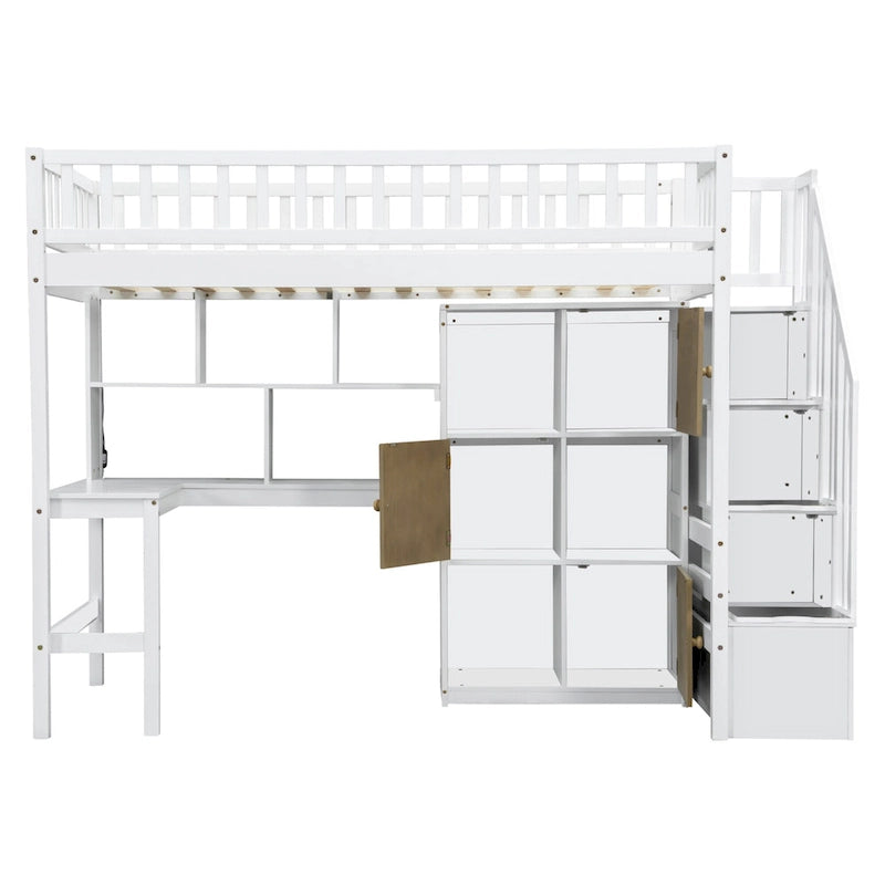 White Pine Wood Loft Bed with Built-in Desk Storage Cabinets and Staircase