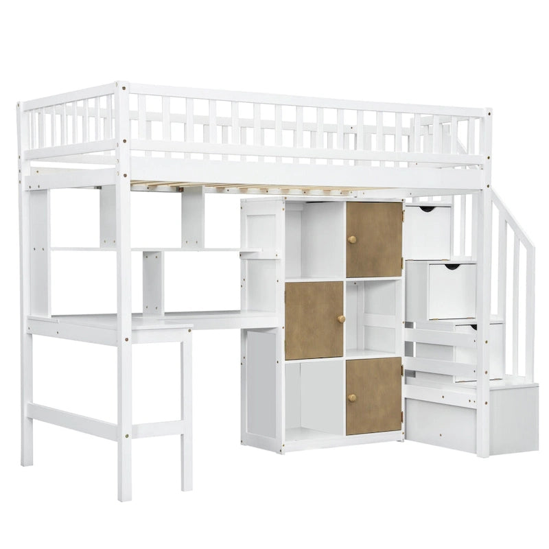 White Pine Wood Loft Bed with Built-in Desk Storage Cabinets and Staircase