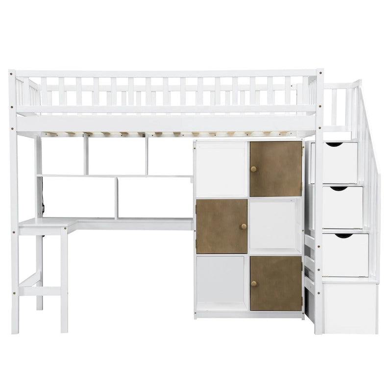 White Pine Wood Loft Bed with Built-in Desk Storage Cabinets and Staircase