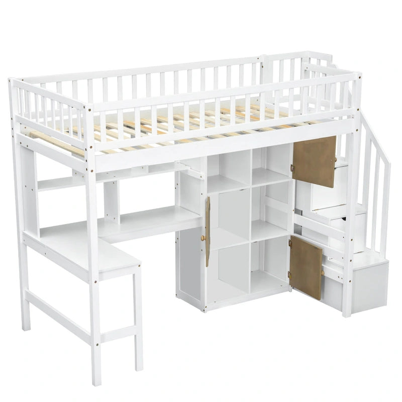 White Pine Wood Loft Bed with Built-in Desk Storage Cabinets and Staircase